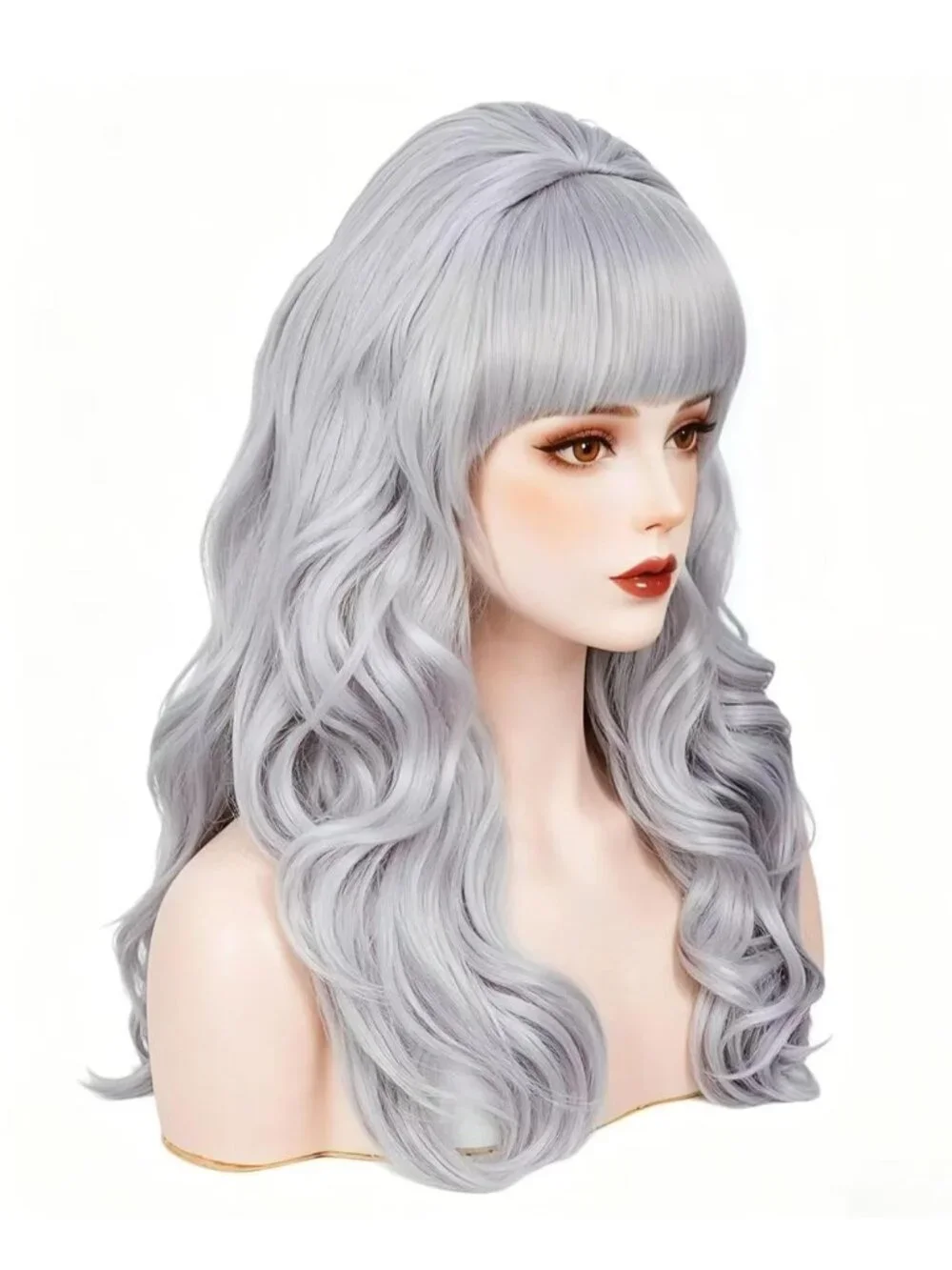 Women's Silver Heat Resistant Synthetic Fiber Retro Long Wavy Wigs Bangs